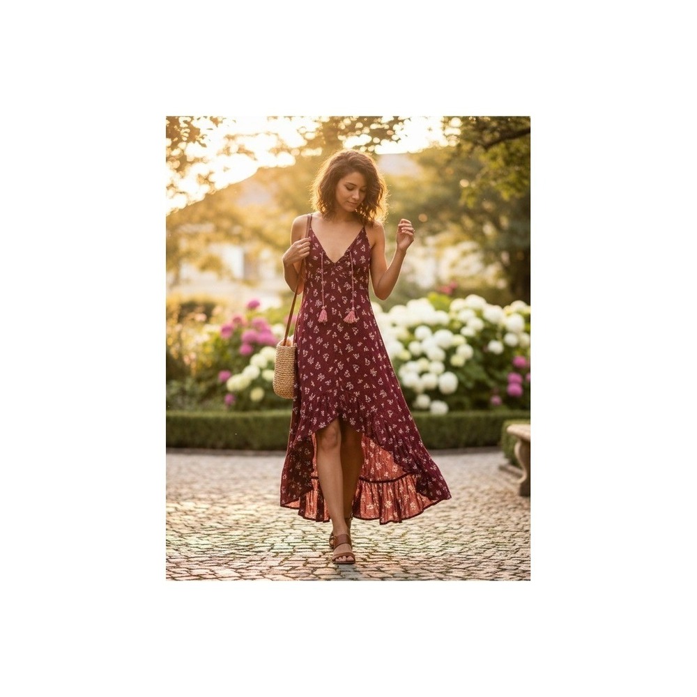 Xhilaration High Low Maxi Dress Womens M Burgundy Floral Tassel Boho Whimsical